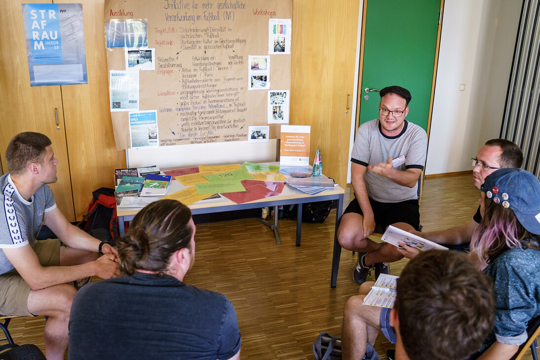 Diskussion des Workshops »Initiative für mehr gesellschaftliche Verantwortung im Fußball«.