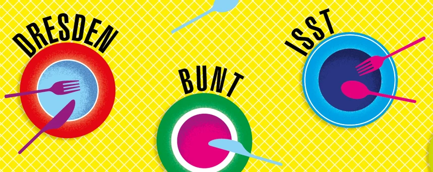 Bunte Grafik bestehend aus Tellern mit Besteck. Dazu der Schriftzug "Dresden isst bunt"