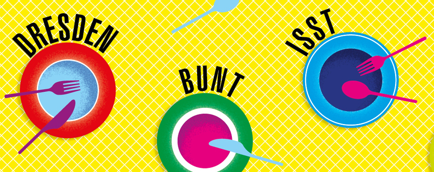 Bunte Grafik bestehend aus Tellern mit Besteck. Dazu der Schriftzug "Dresden isst bunt"