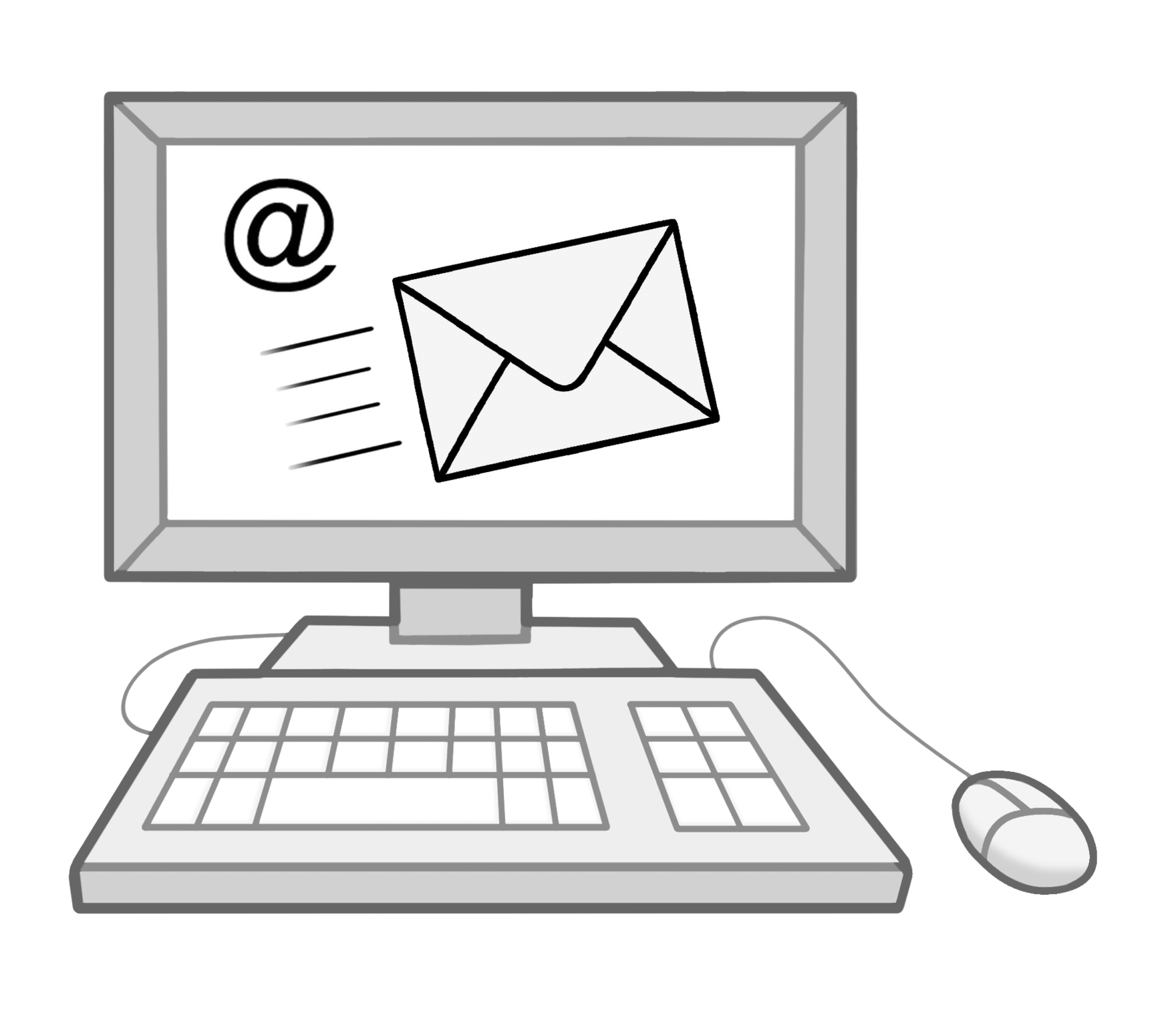 Grafik: Darstellung eines Computers. Auf dem Bildschirm ist eine eingehende Email abgebildet. Außerdem das @-Zeichen