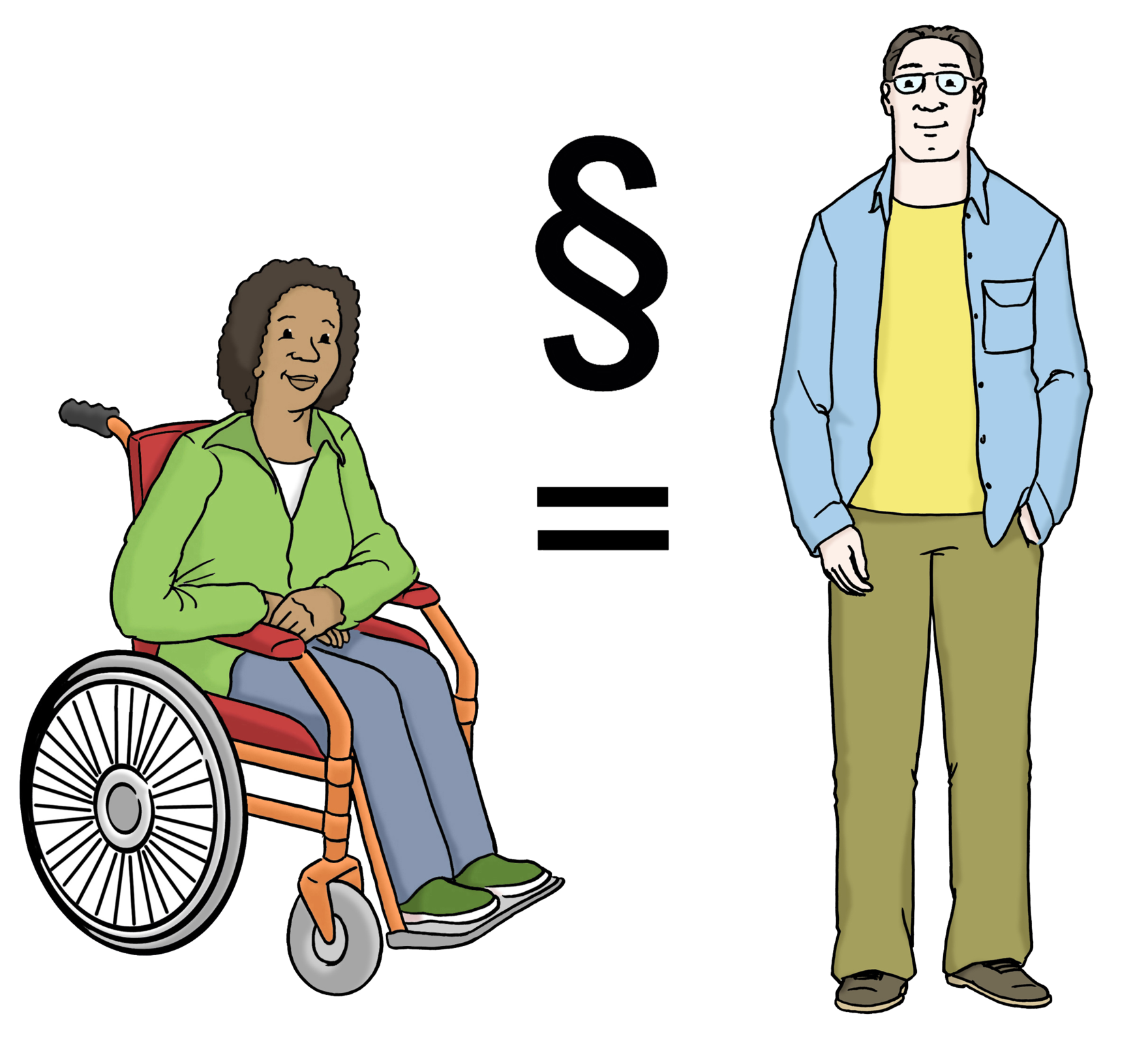 Grafik: Frau sitzt im Rollstuhl. Neben ihr steht ein Mann. Zwischen beiden Personen ist das Zeichen »=« abgebildet und das Zeichen für Paragraph
