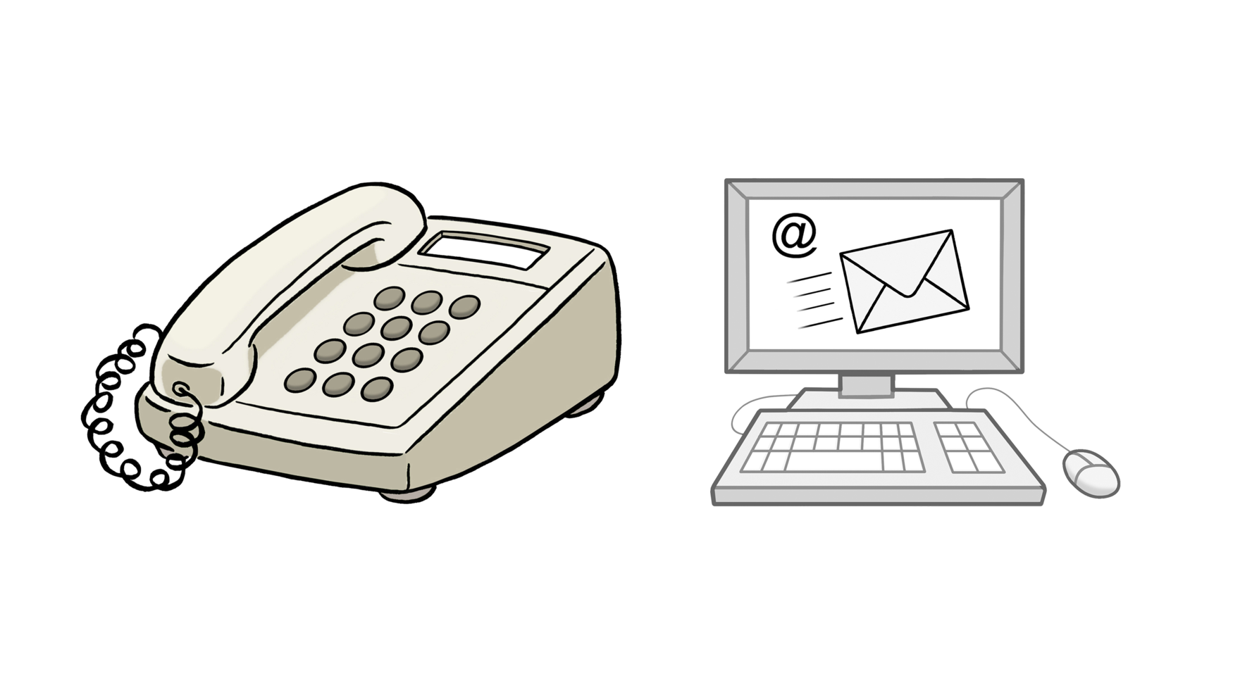Grafik: Abbildung eines Telefons und daneben ein Computer. Auf dessen Bildschirm ist eine eingehende Email abgebildet.