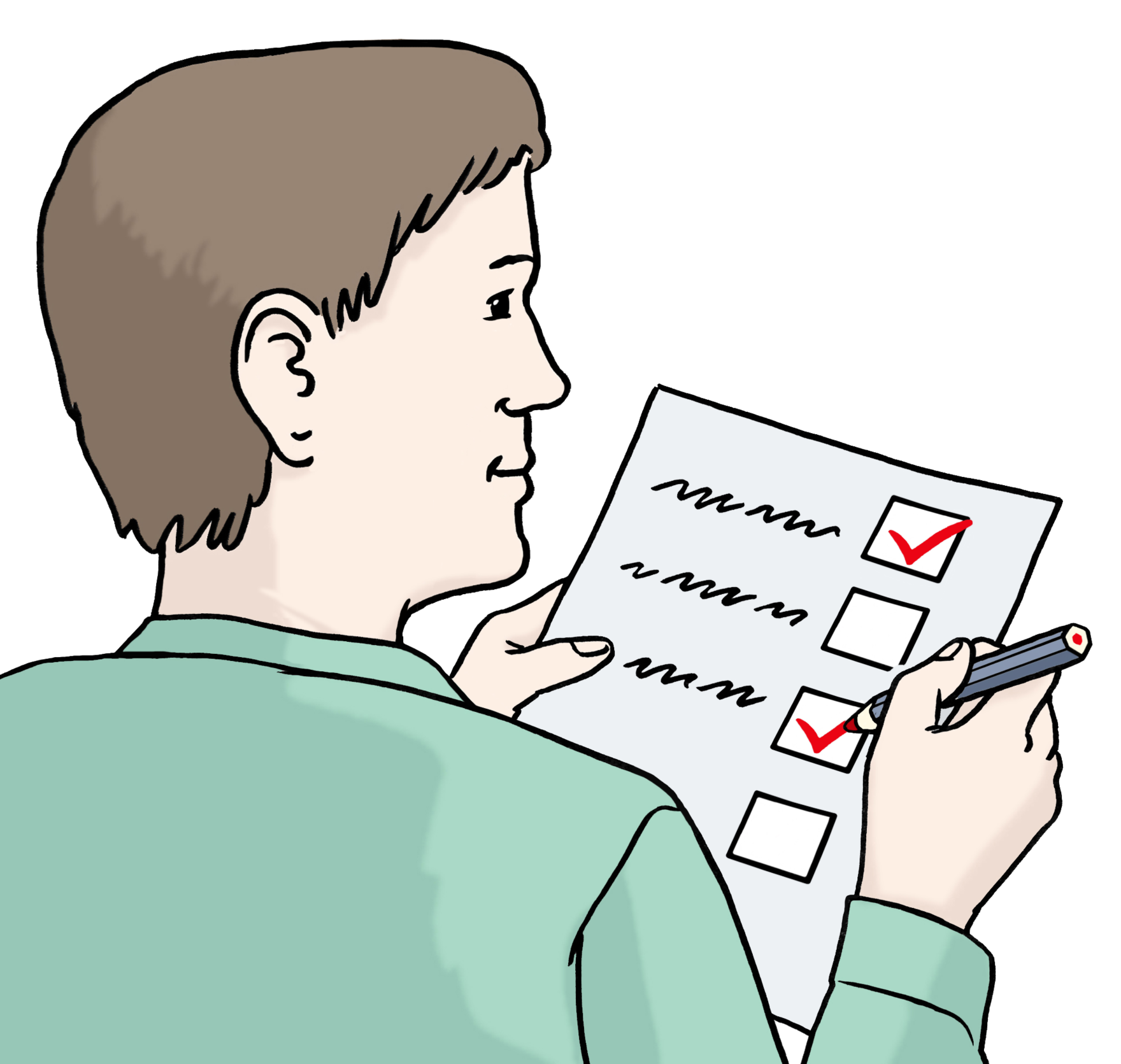 Grafik: Mann hält einen Zettel mit einer Checkliste in der Hand und kreuzt mit einem Stift ab.