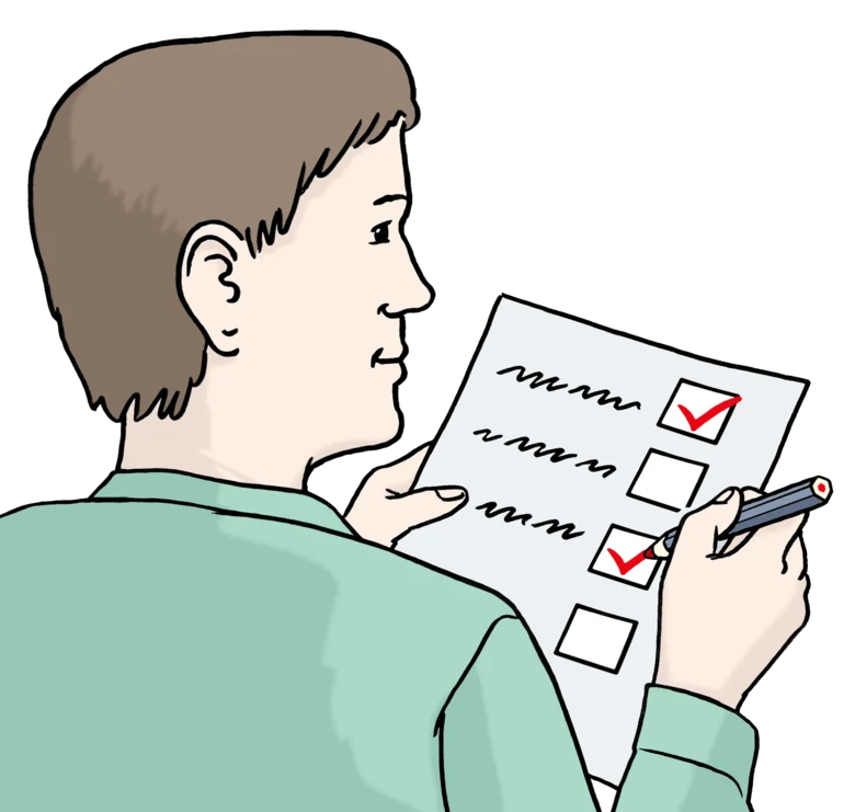 Grafik: Mann hält einen Zettel mit einer Checkliste in der Hand und kreuzt mit einem Stift ab.