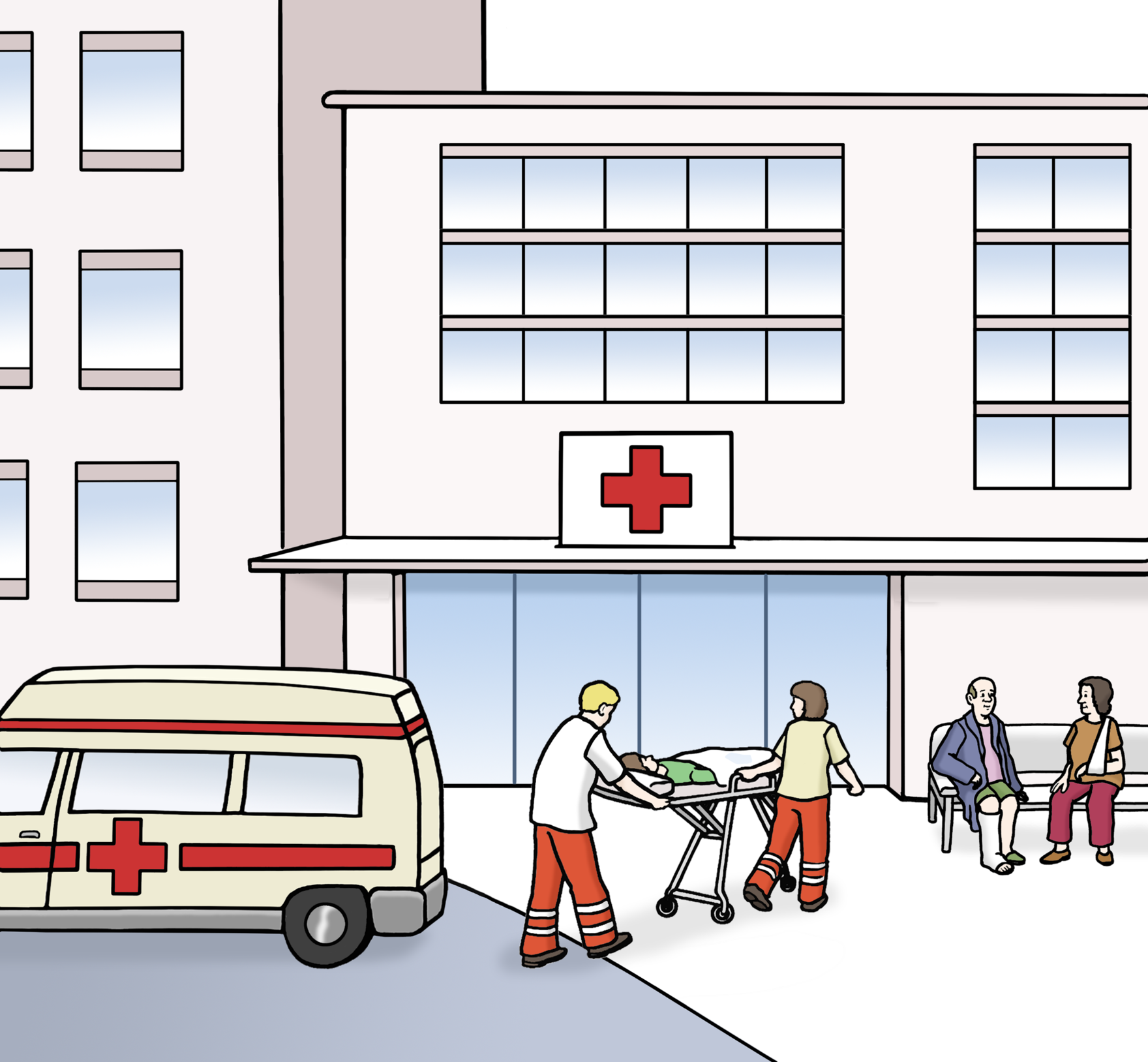 Grafik: Abbildung eines Krankenhauses. Davor steht ein Krankenwagen und Mitarbeiter des Krankenhauses sowie Patienten.