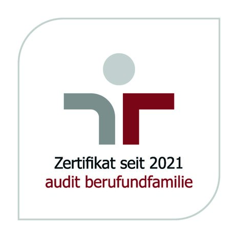 Logo der Zertifizierung mit dem Wortlaut: "Zertifikat seit 2021 audit berufundfamilie"