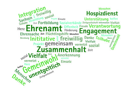 Illusration: Wortwolke mit Begriffen zum sozialen und bürgerschaftlichen Engangement, die zahlreichen unterschiedlich großen und farbigen Worte sind in Form des Freistaates Sachsen angeordnet