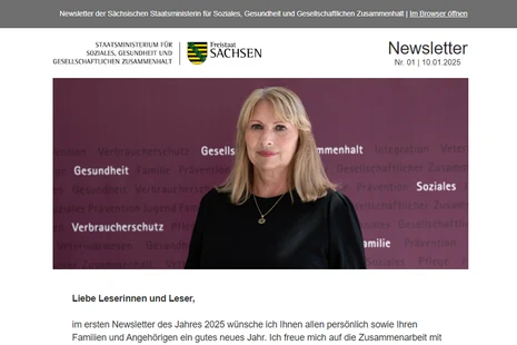 Screenshot von Einstieg in den Newsletter der Sächsischen Staatsministerin für Soziales, Gesundheit und Gesellschaftlichen Zusammenhalt.