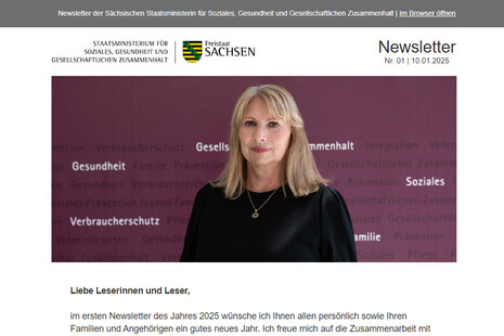 Screenshot von Einstieg in den Newsletter der Sächsischen Staatsministerin für Soziales, Gesundheit und Gesellschaftlichen Zusammenhalt.