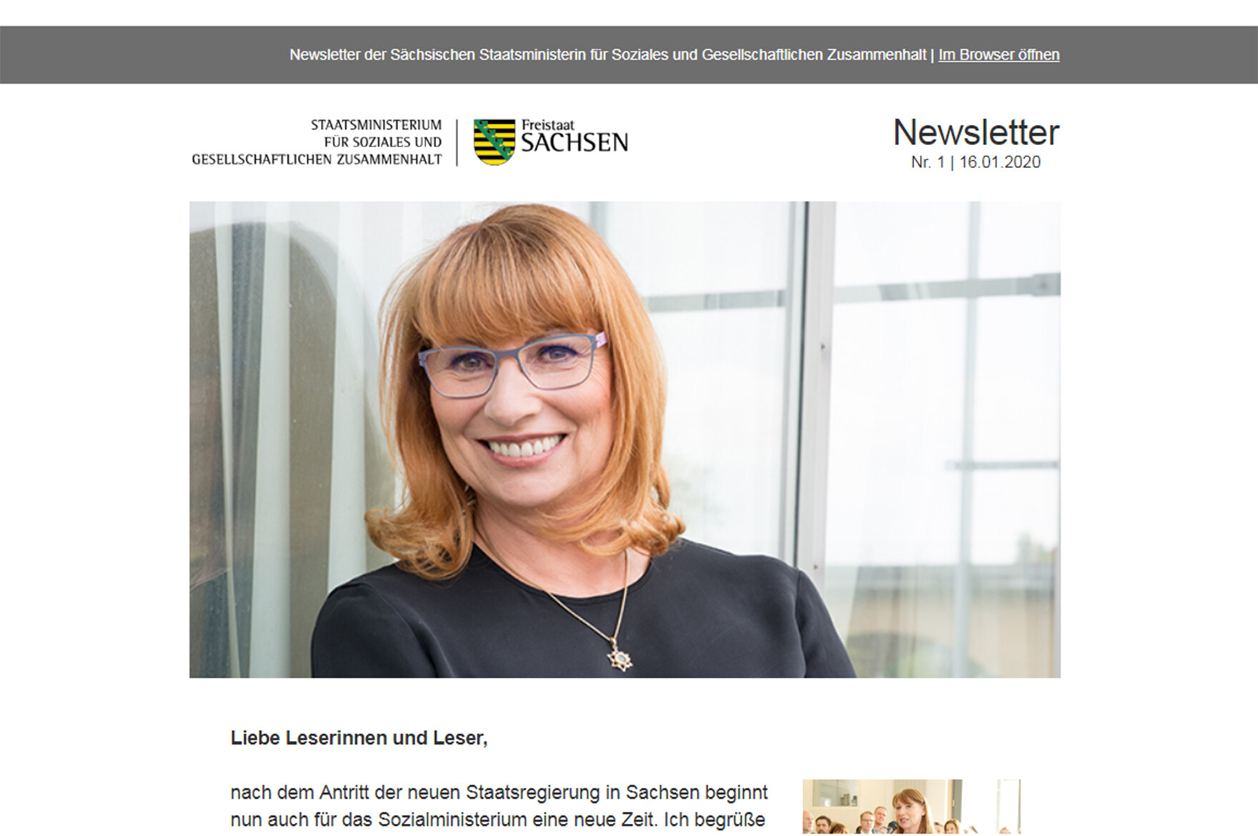 Screenshot von Einstieg in den Newsletter der Sächsischen Staatsministerin für Soziales und Gesellschaftlichen Zusammenhalt. 