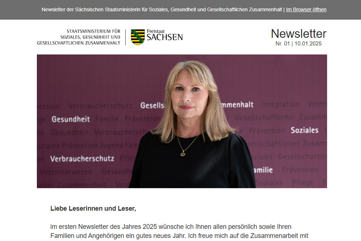 Screenshot von Einstieg in den Newsletter der Sächsischen Staatsministerin für Soziales und Gesellschaftlichen Zusammenhalt. 