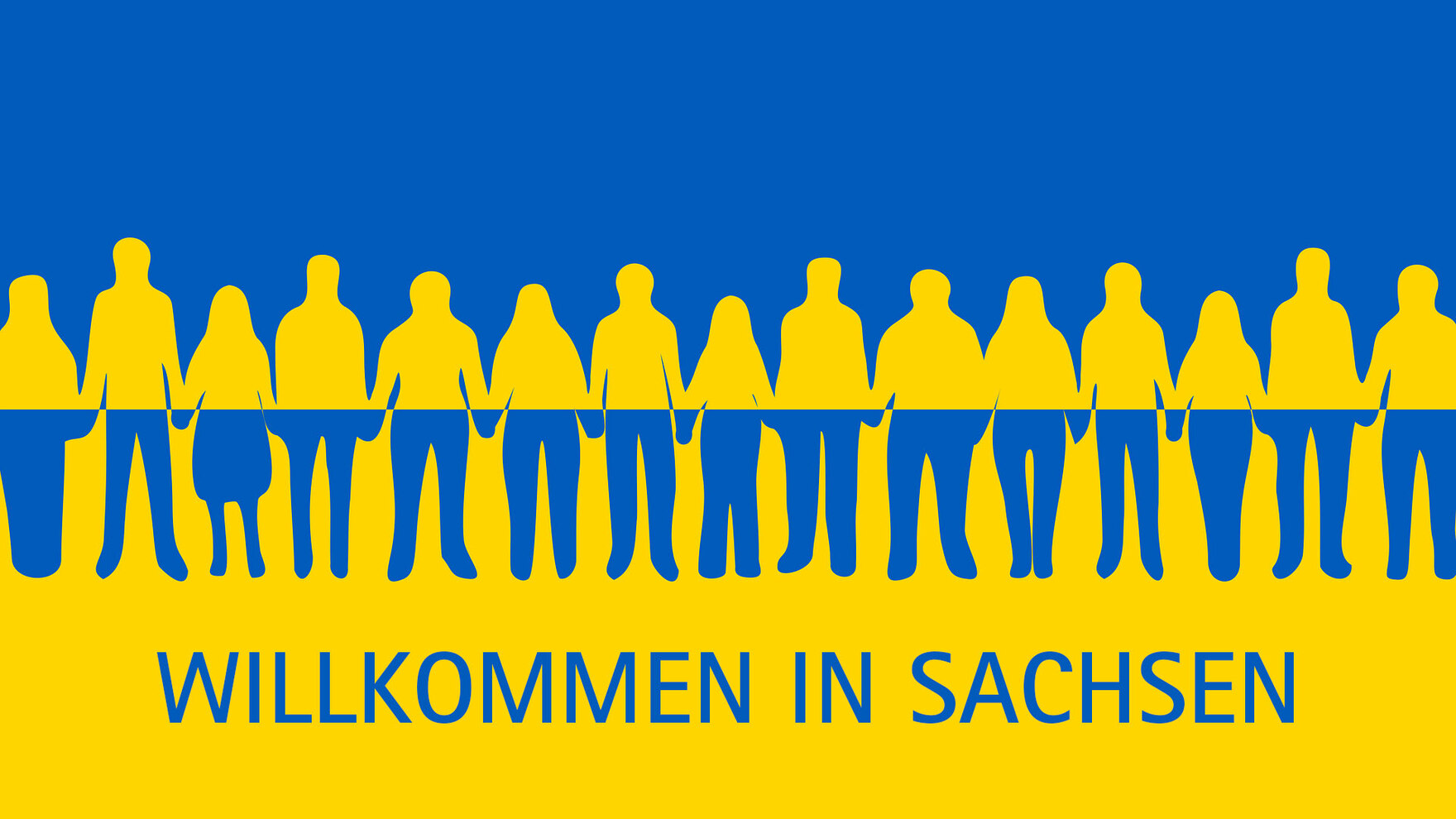 Ukrainische Flagge, davor Icons von Menschen in einer Reihe und Aufschrift "Willkommen in Sachsen"